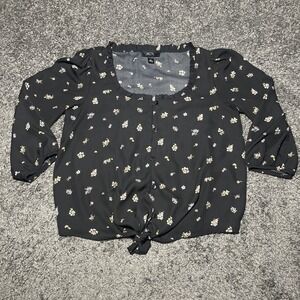BCX‎ Black Tie Front Top Pink Floral Accent 3/4 Sleeve